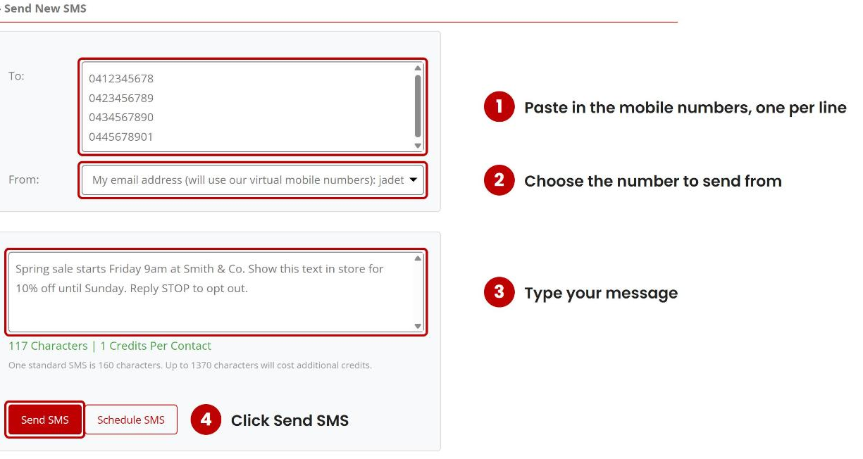 160.com.au Send New SMS page with four steps marked: paste the mobile numbers, choose the number to send from, type the message, click Send SMS